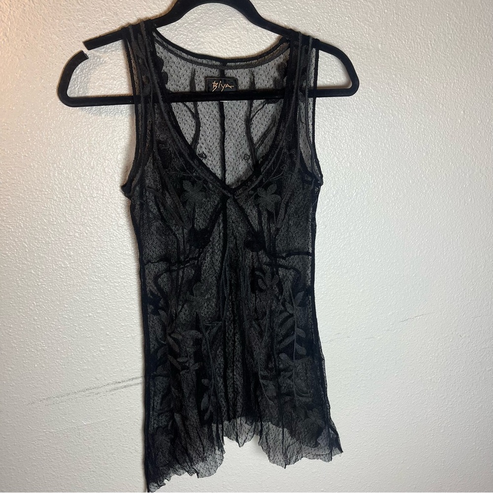 Johnny was biya sheer embroidered black lace tank top